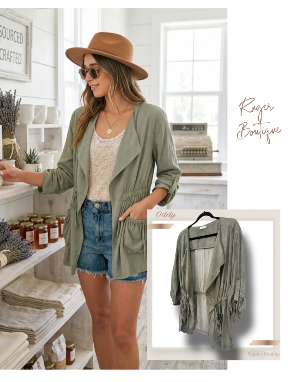 🌿ODDY Women's Small Olive Green Lightweight Jacket with Tied Waist